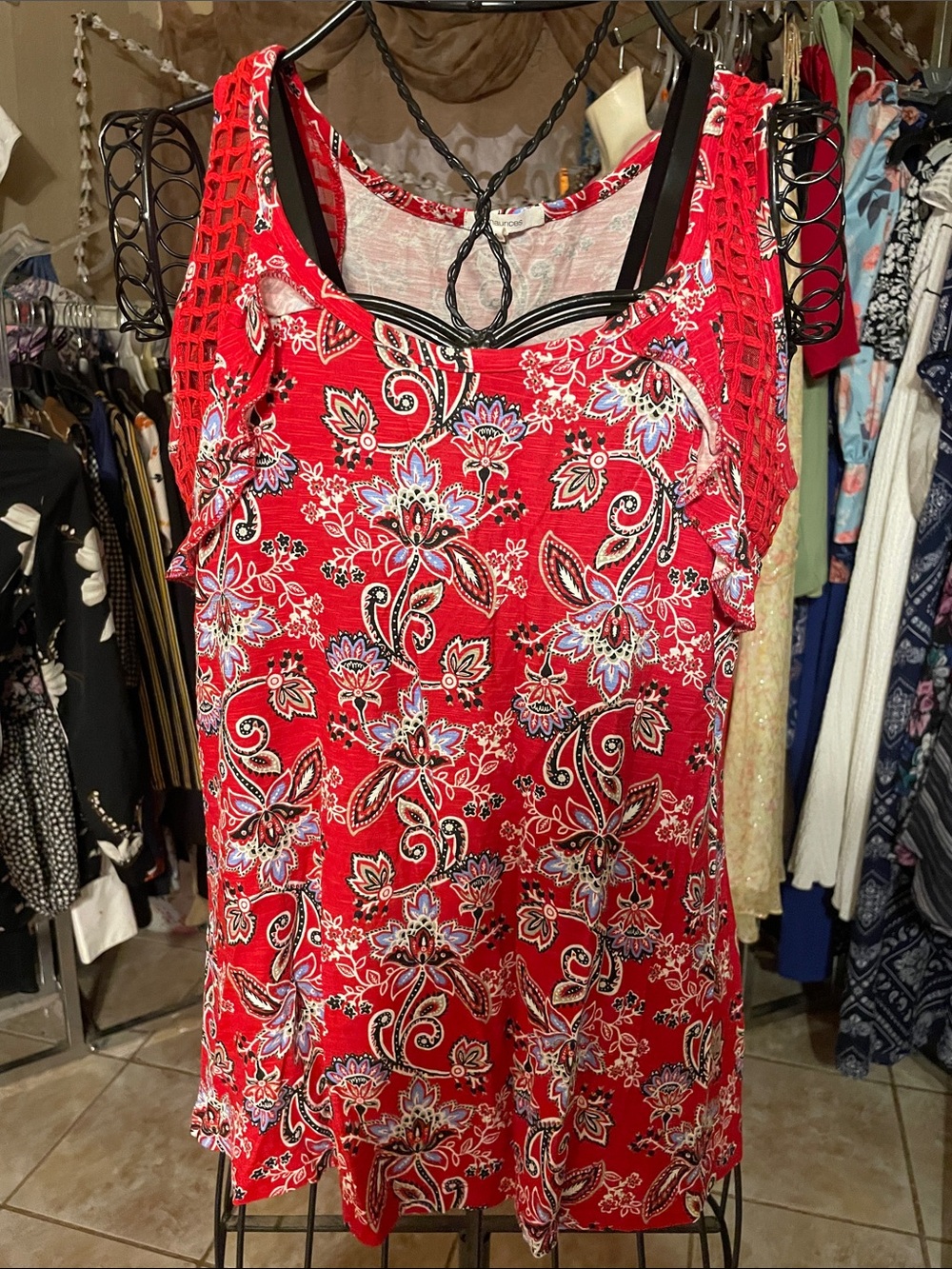 Maurices Red Floral Lace-Shoulder Tank